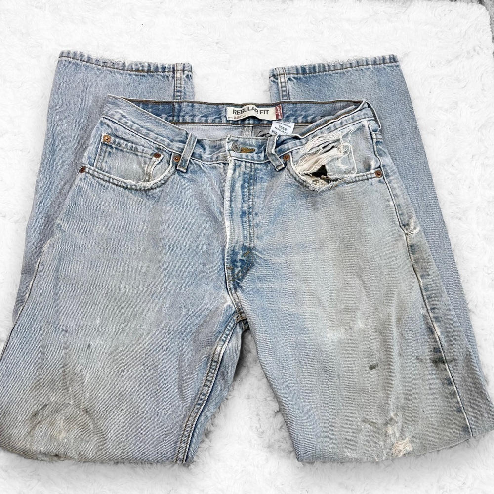 LEVI'S 505 Regular Fit Straight Leg Light Wash Destroyed Denim Jeans 32x32